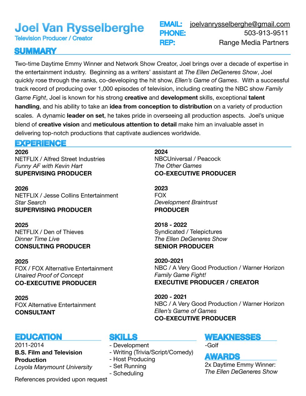 First page of Joel Van Rysselberghe's production resume